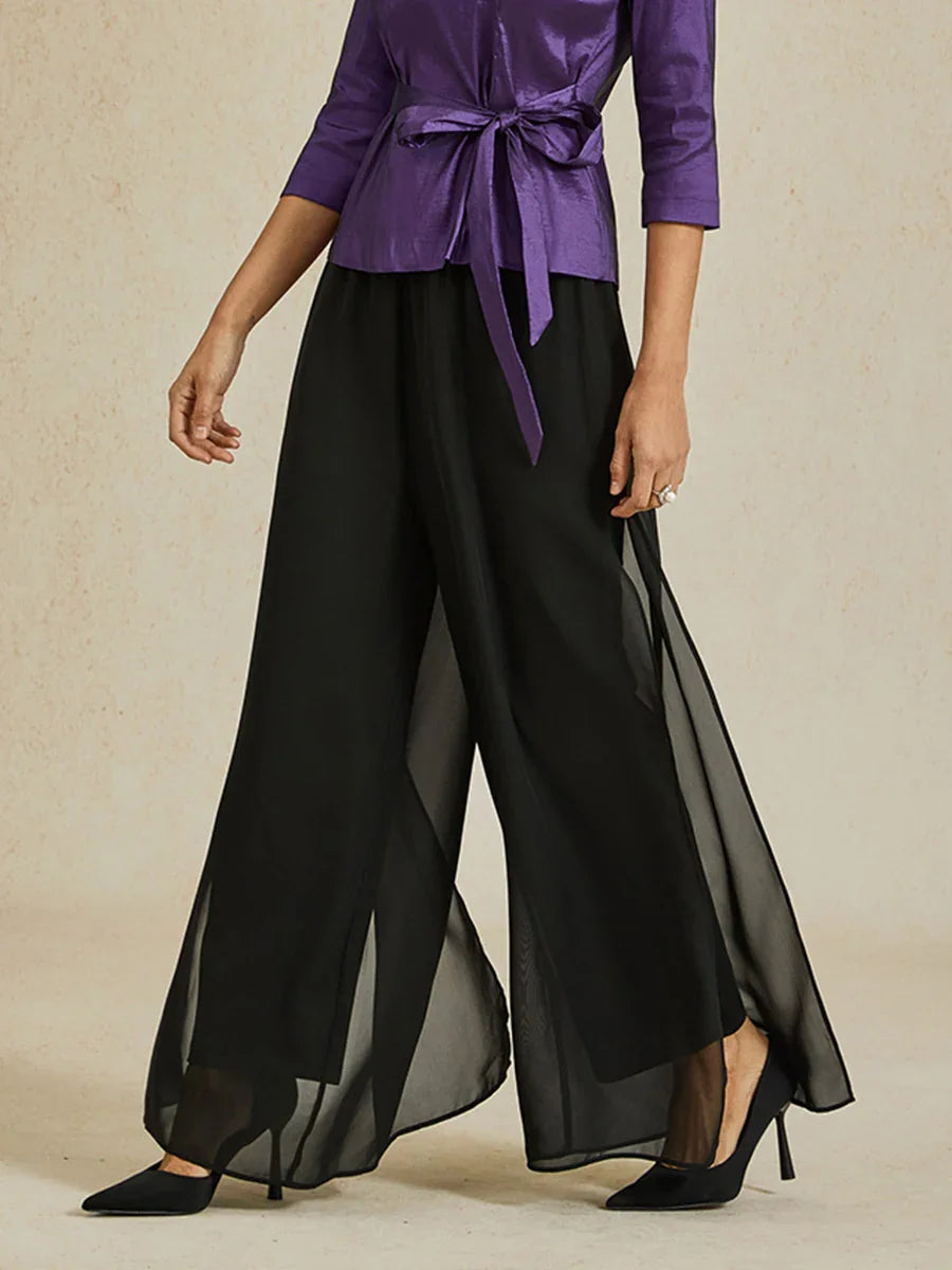 Pantaloni a Gamba Dritta con Sovrapposizione in Chiffon a Spacco