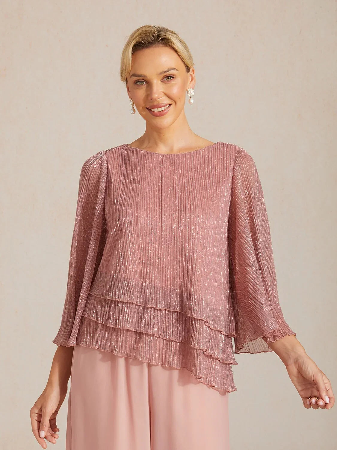 Blusa Asimmetrica a Strati in Chiffon Metallizzato Pieghettato