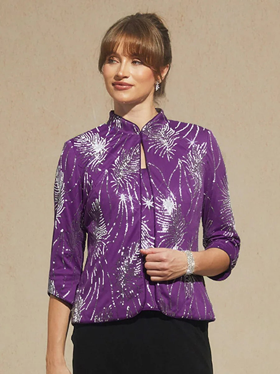Elegante Twinset con Collo alla Mandarin in Paillettes