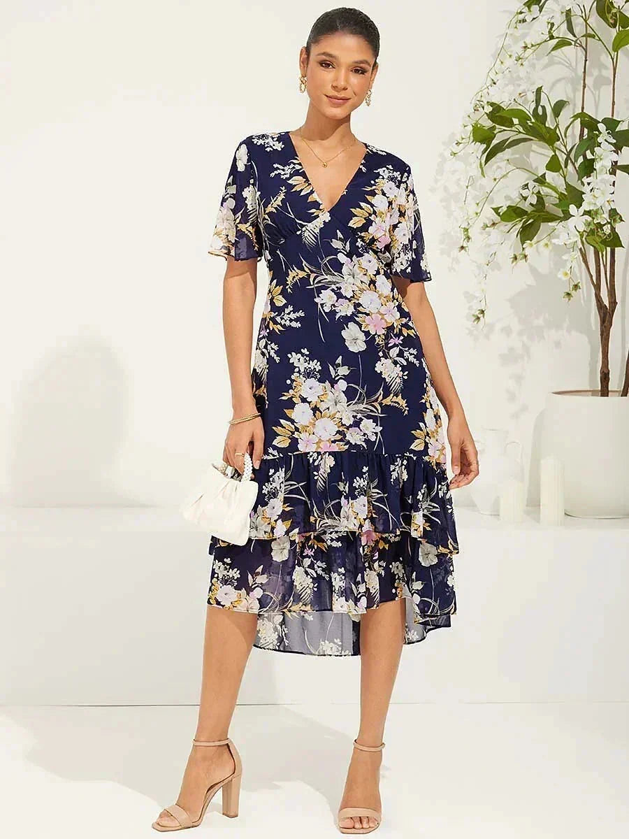 Abito Midi in Chiffon Floreale con Scollatura a V e Rouches