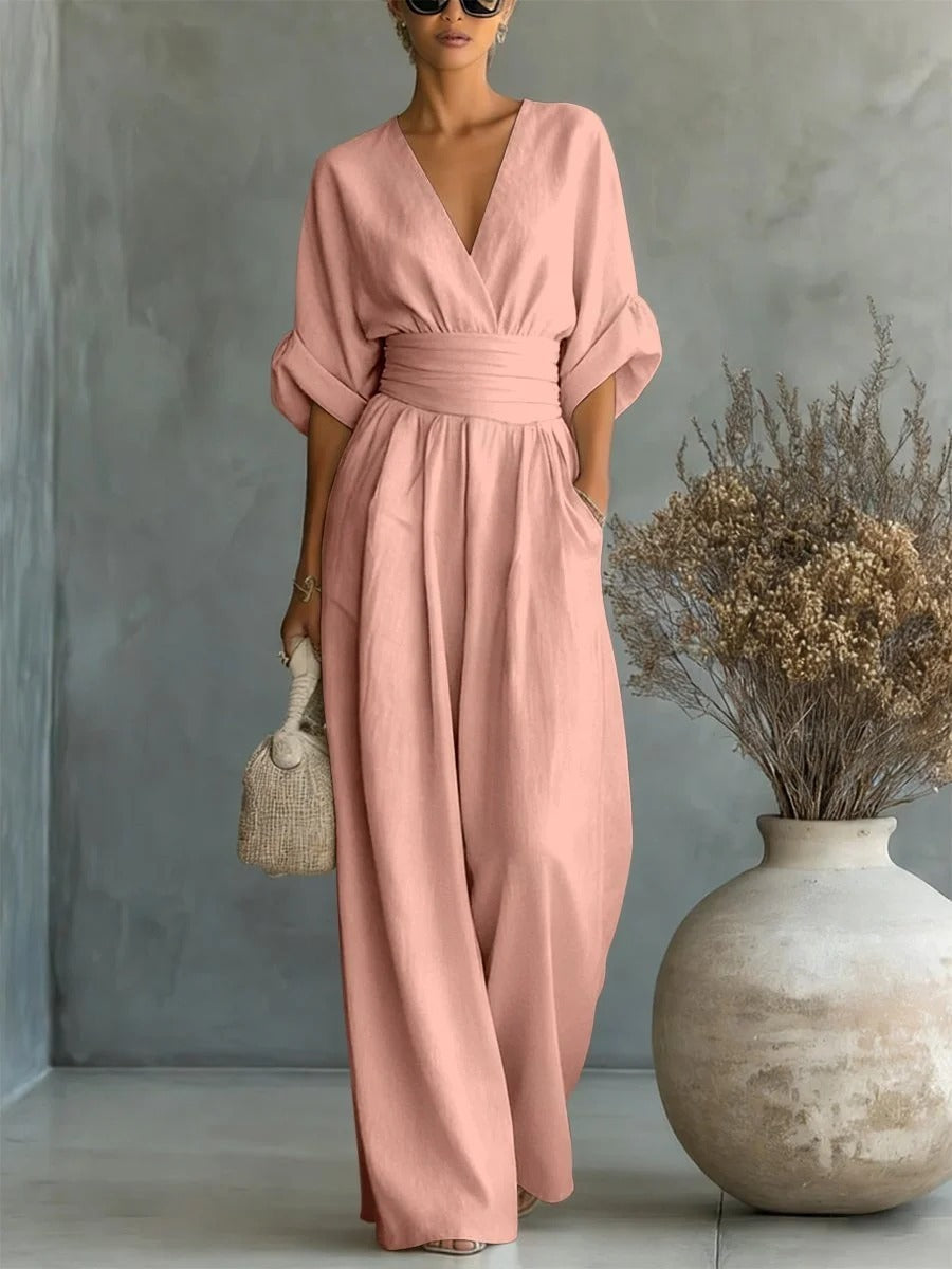 ESSENZIALE - Elegante Tuta Estiva con V-Neck e Vita Alta