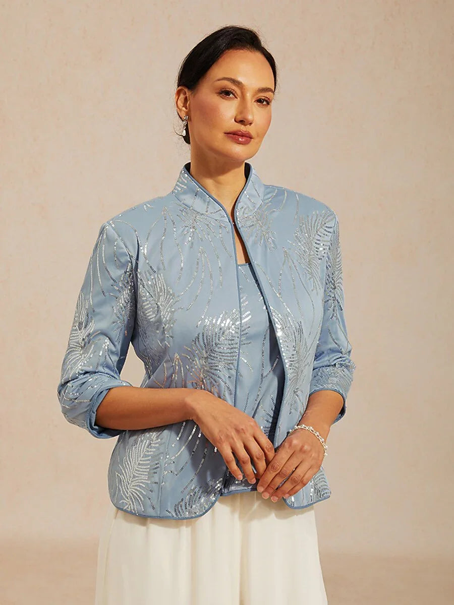 Elegante Twinset con Collo alla Mandarin in Paillettes