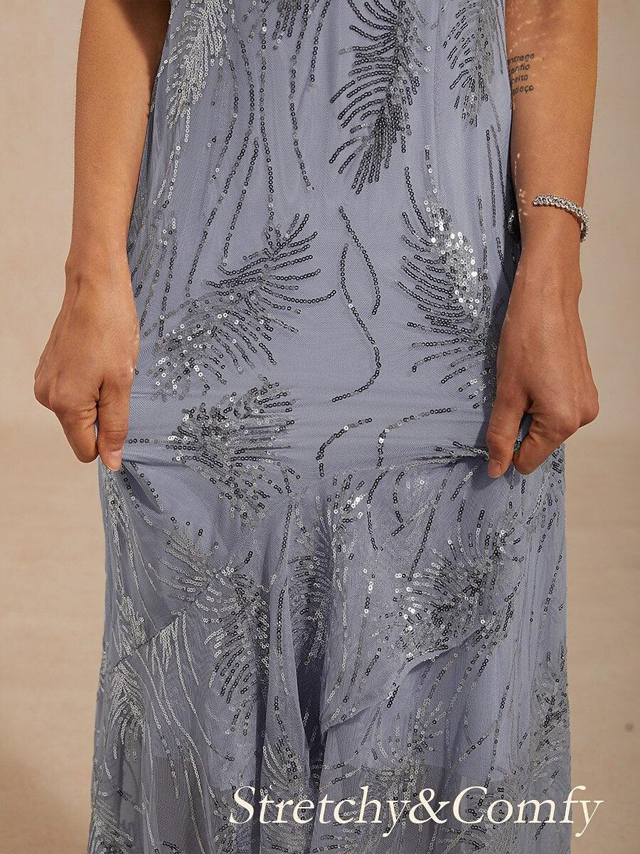 Abito Maxi A-Line Senza Maniche con Paillettes in Rete