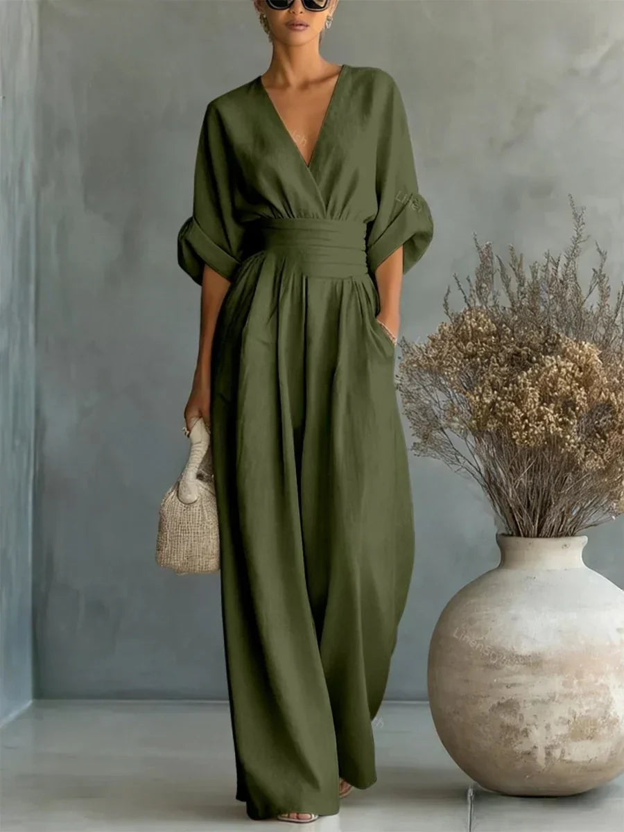 ESSENZIALE - Elegante Tuta Estiva con V-Neck e Vita Alta