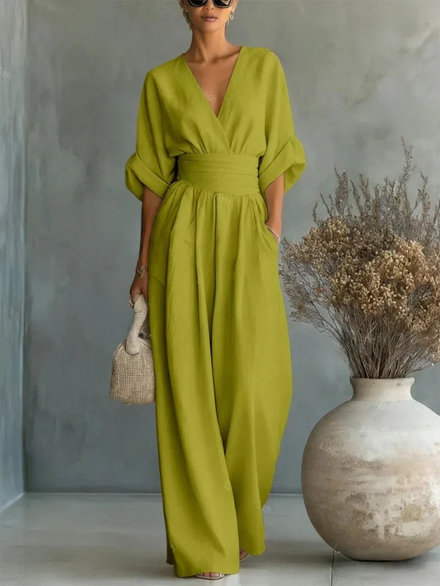 ESSENZIALE - Elegante Tuta Estiva con V-Neck e Vita Alta