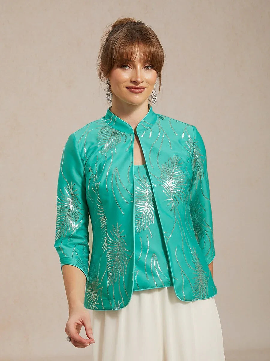 Elegante Twinset con Collo alla Mandarin in Paillettes