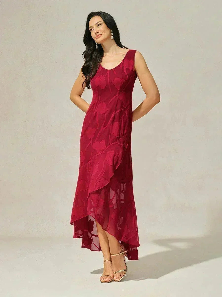 Abito da Sera Senza Maniche in Chiffon Floreale con Orlo Asimmetrico