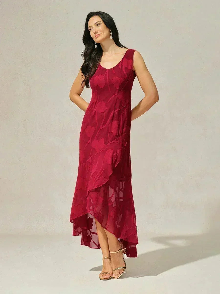 Abito da Sera Senza Maniche in Chiffon Floreale con Orlo Asimmetrico