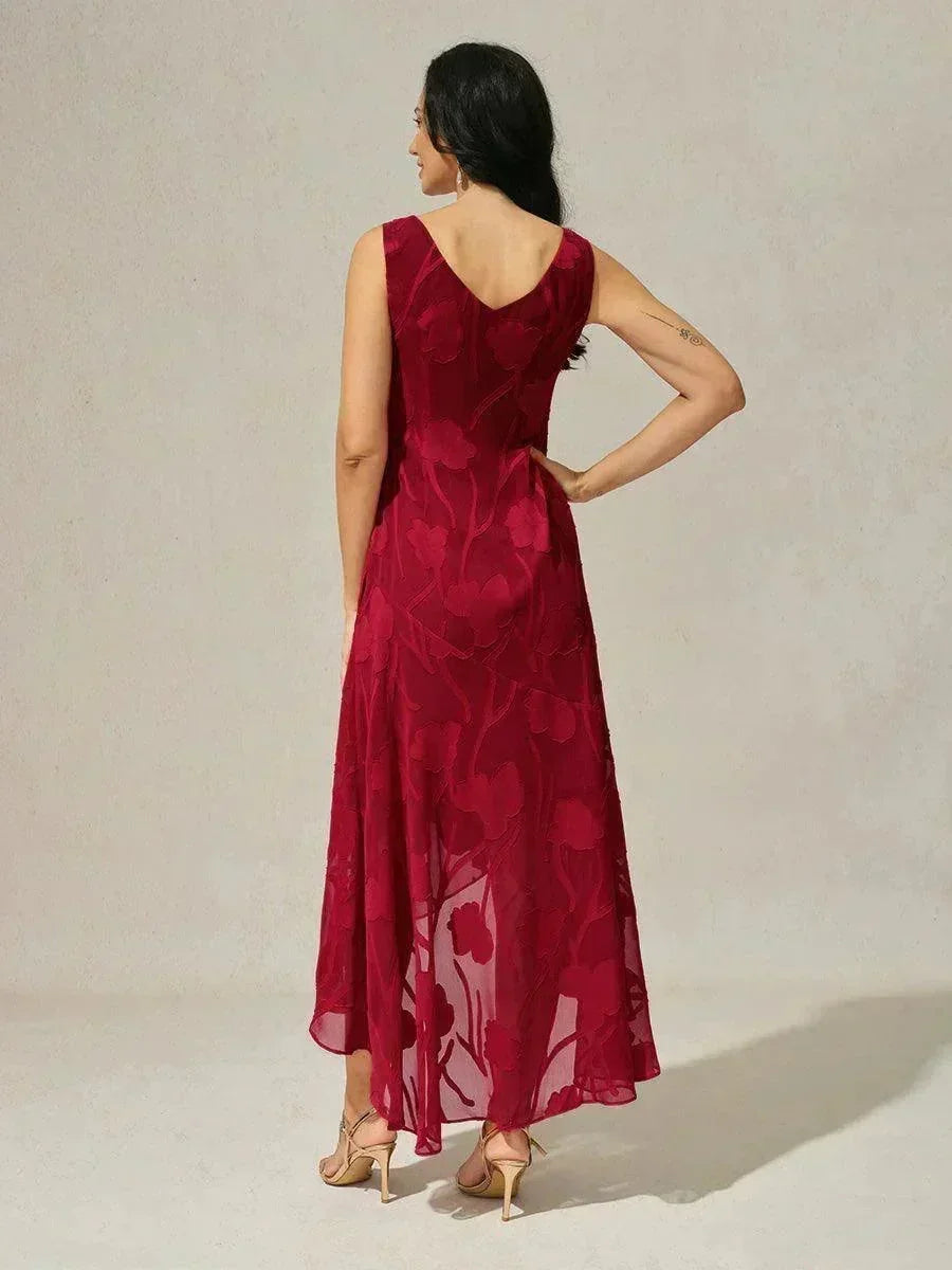 Abito da Sera Senza Maniche in Chiffon Floreale con Orlo Asimmetrico