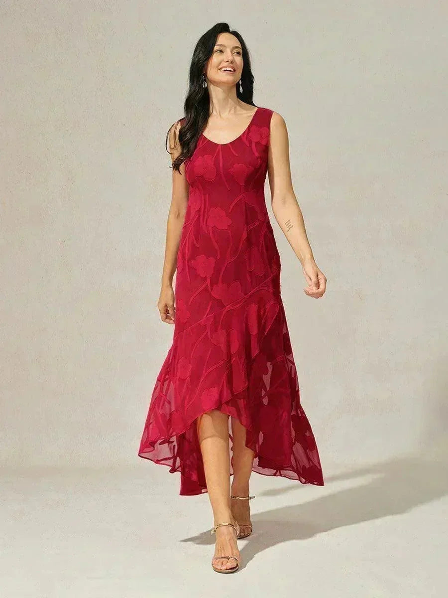 Abito da Sera Senza Maniche in Chiffon Floreale con Orlo Asimmetrico