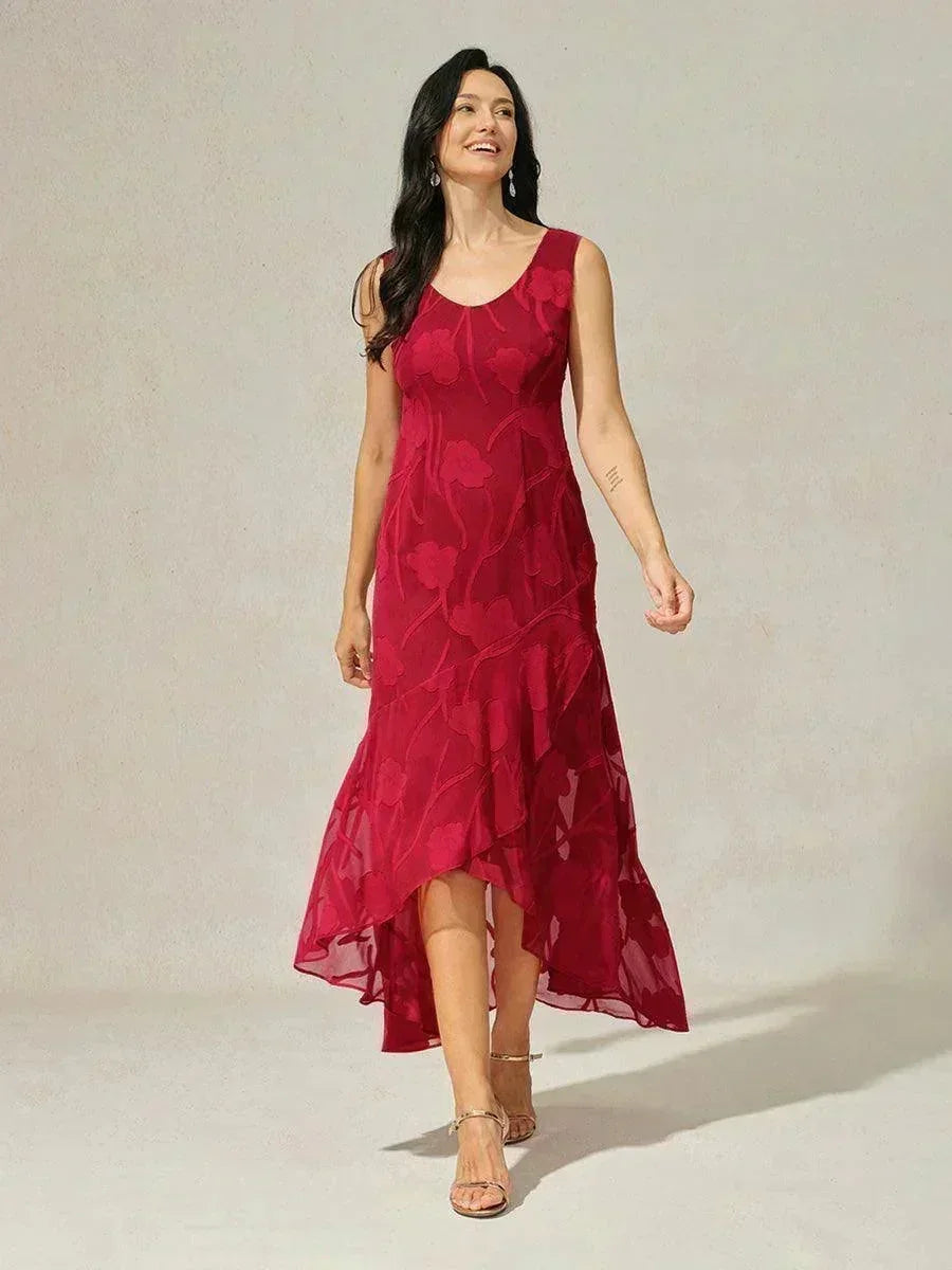 Abito da Sera Senza Maniche in Chiffon Floreale con Orlo Asimmetrico