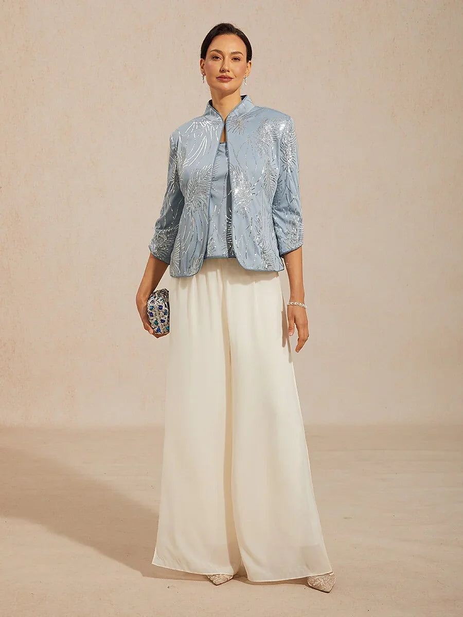 Elegante Twinset con Collo alla Mandarin in Paillettes