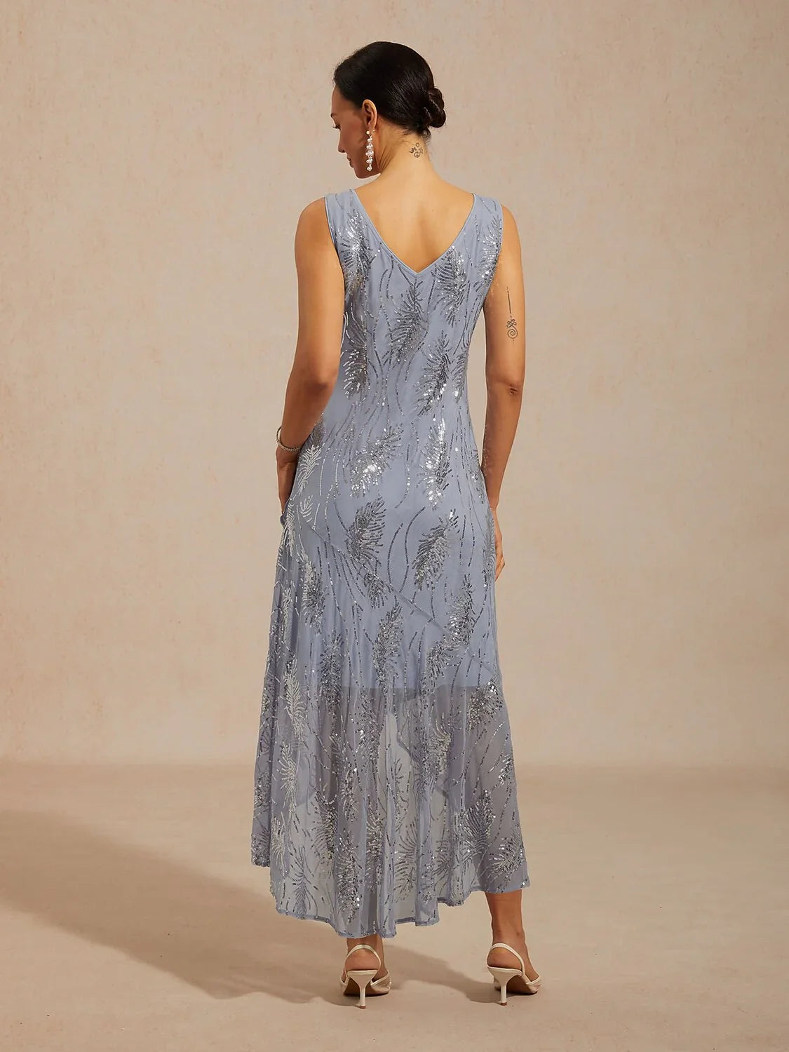 Abito Maxi A-Line Senza Maniche con Paillettes in Rete
